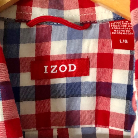 📌$11  IZOD 🇺🇸Mens Red White & Blue Plaid LS Shirt Sz Large - Picture 3 of 6